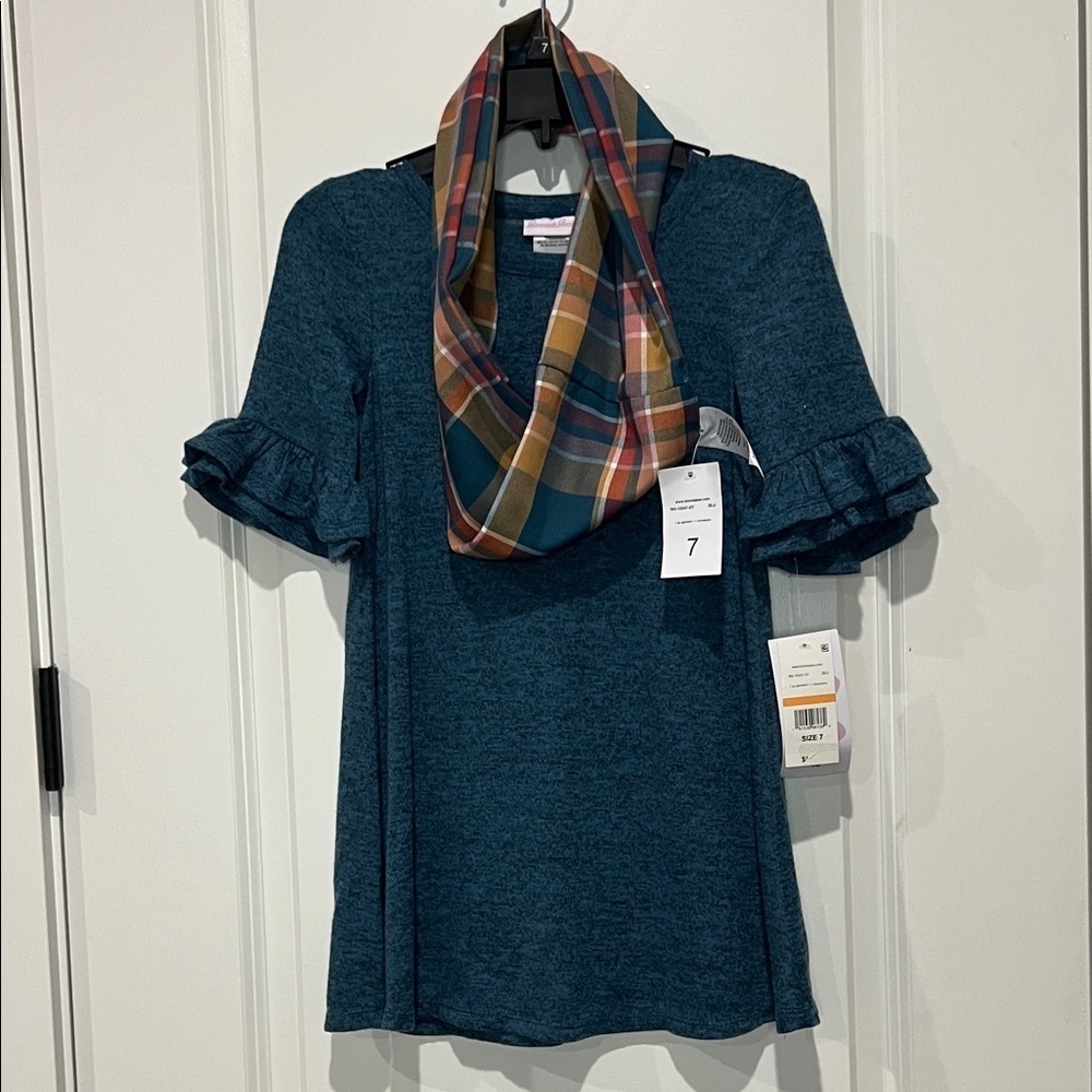 BONNIE JEAN BLUE DRESS WITH PLAID SCARF
